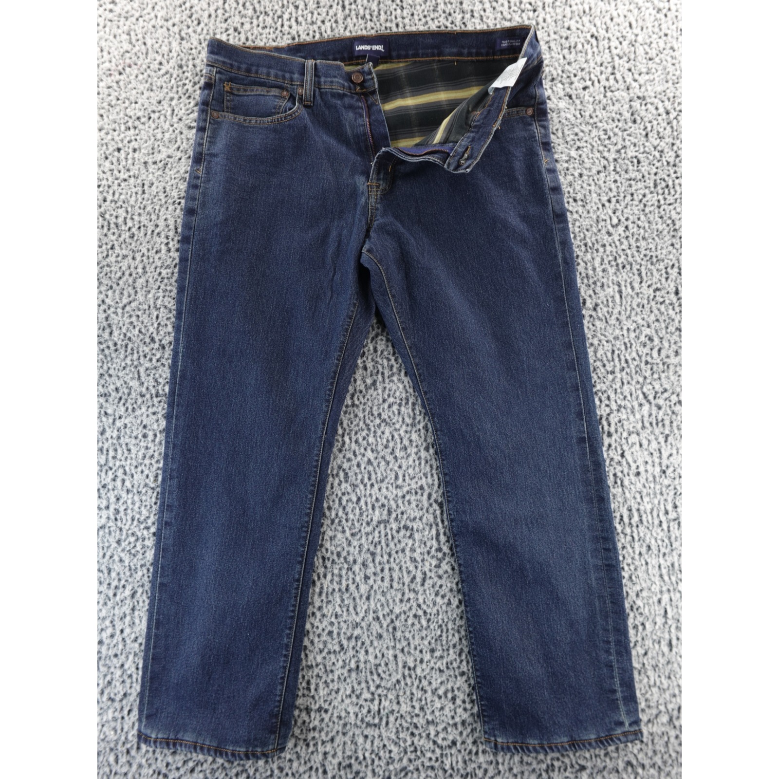 Lands End Mens Straight Fit Dark Wash Jeans Lined Plaid Size 38x30